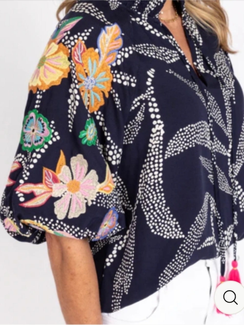 THML Navy Embroidered Puff Sleeve Tassel Tie Top Medium - Picture 5 of 9